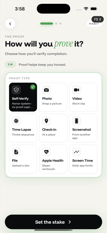 The Commit app's proof selection screen, headed "How will you prove it?", showing nine options in a grid: Self-Verify (honor system), Photo, Video, Time-Lapse, Check-in at a place, Screenshot, File upload, Apple Health, and Screen Time.